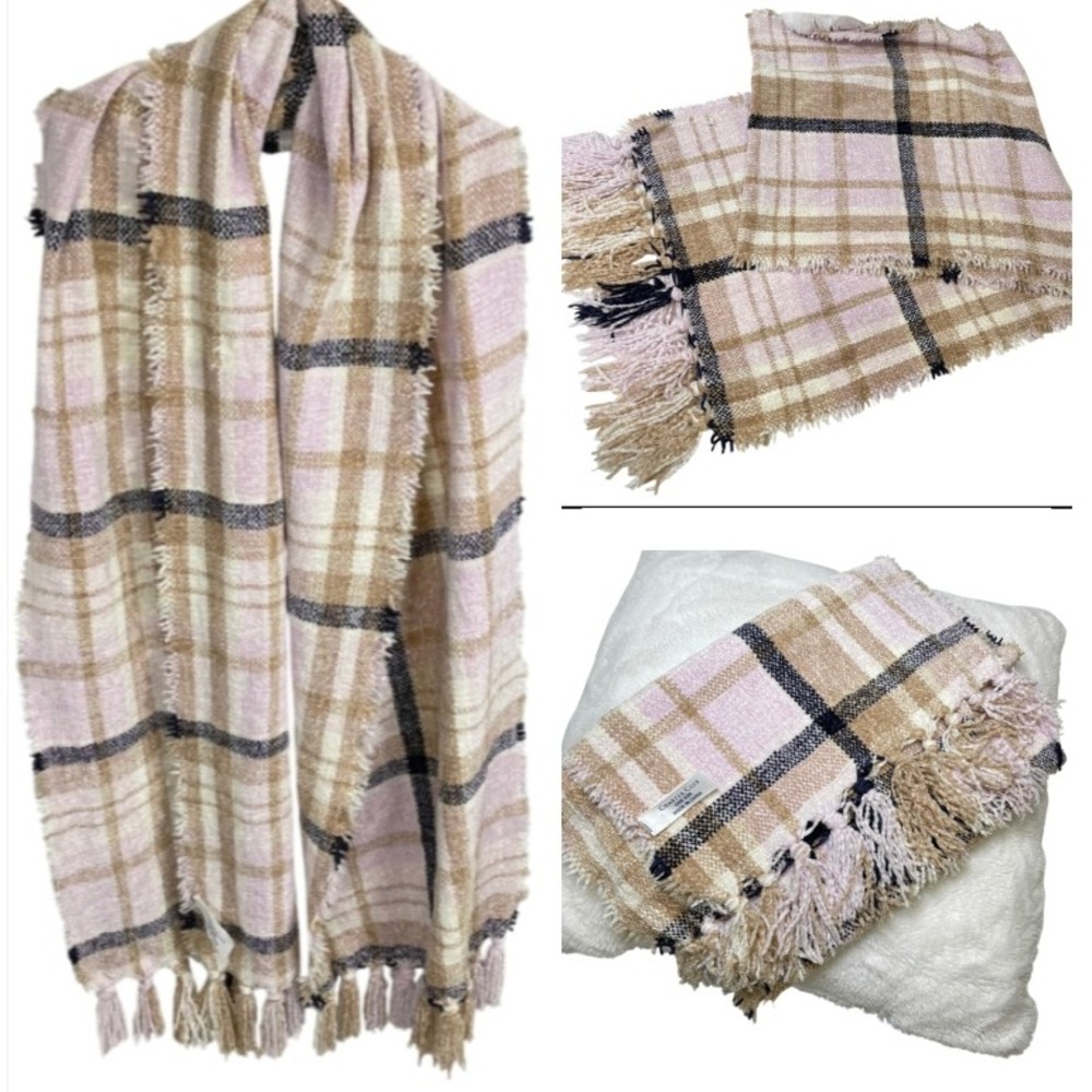 Charter Club Scarf Shaw Plaid Fringe Pink Beige Cozy‎ Soft